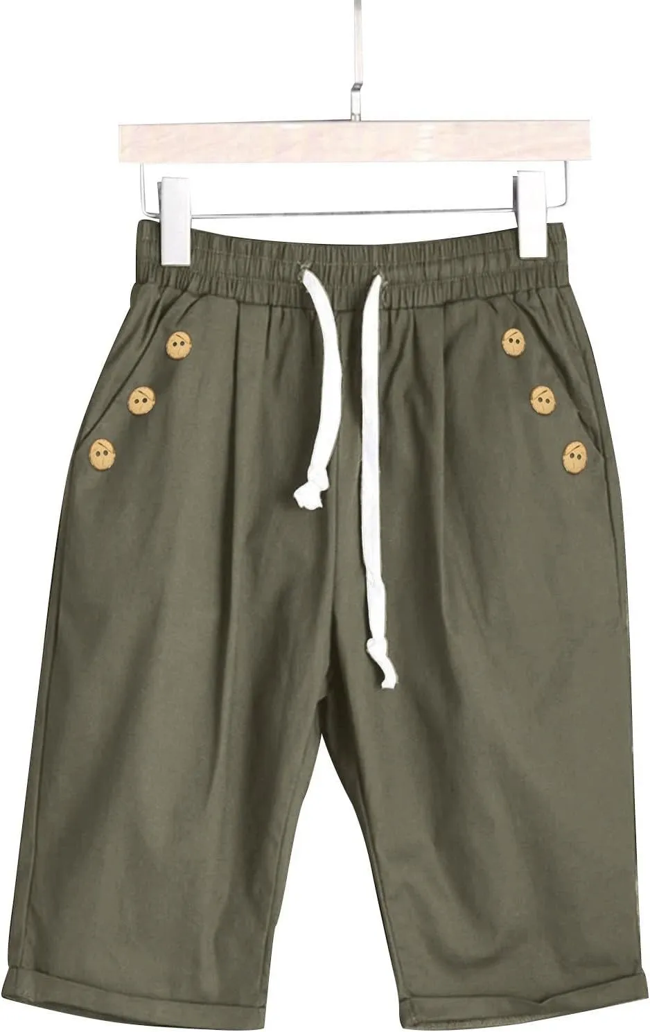 Women Knee Length Bermuda Shorts Elastic High Waist Drawstring Shorts Cotton Relaxed Fit Summer Beach Short Pants