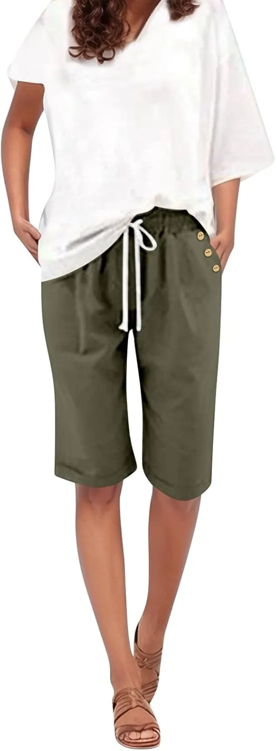 Women Knee Length Bermuda Shorts Elastic High Waist Drawstring Shorts Cotton Relaxed Fit Summer Beach Short Pants