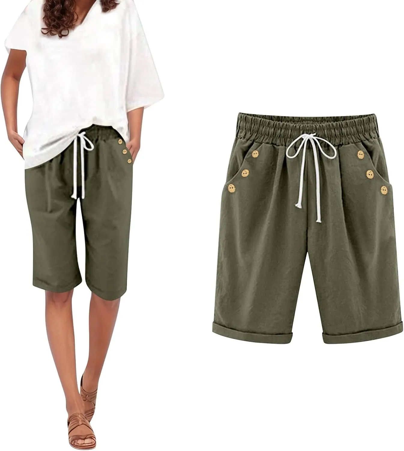 Women Knee Length Bermuda Shorts Elastic High Waist Drawstring Shorts Cotton Relaxed Fit Summer Beach Short Pants