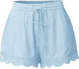 Women Lace Print Hem Straight Leg Casual Shorts Elastic High Waist with Drawstring Skorts Trendy Streetwear Outfits