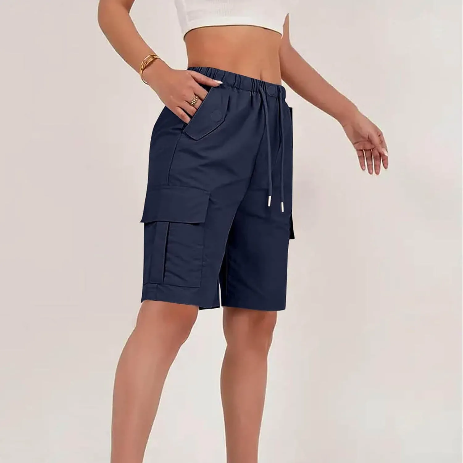 Womens Bermuda Shorts 2025 Summer Fashion Cargo Shorts with Pockets Drawstring Quick Dry Knee Length Hiking Short