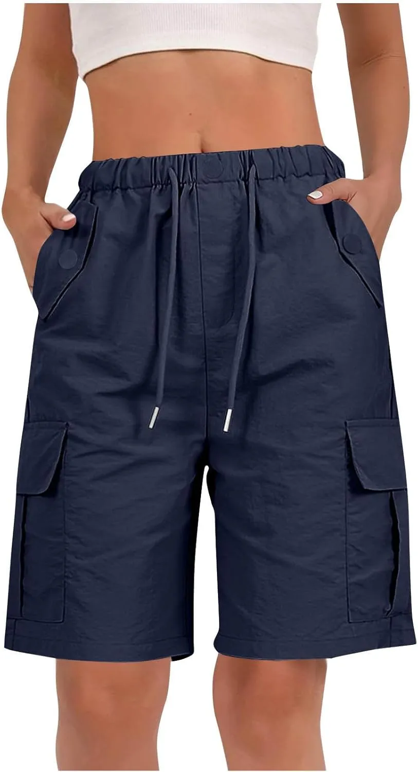 Womens Bermuda Shorts 2025 Summer Fashion Cargo Shorts with Pockets Drawstring Quick Dry Knee Length Hiking Short