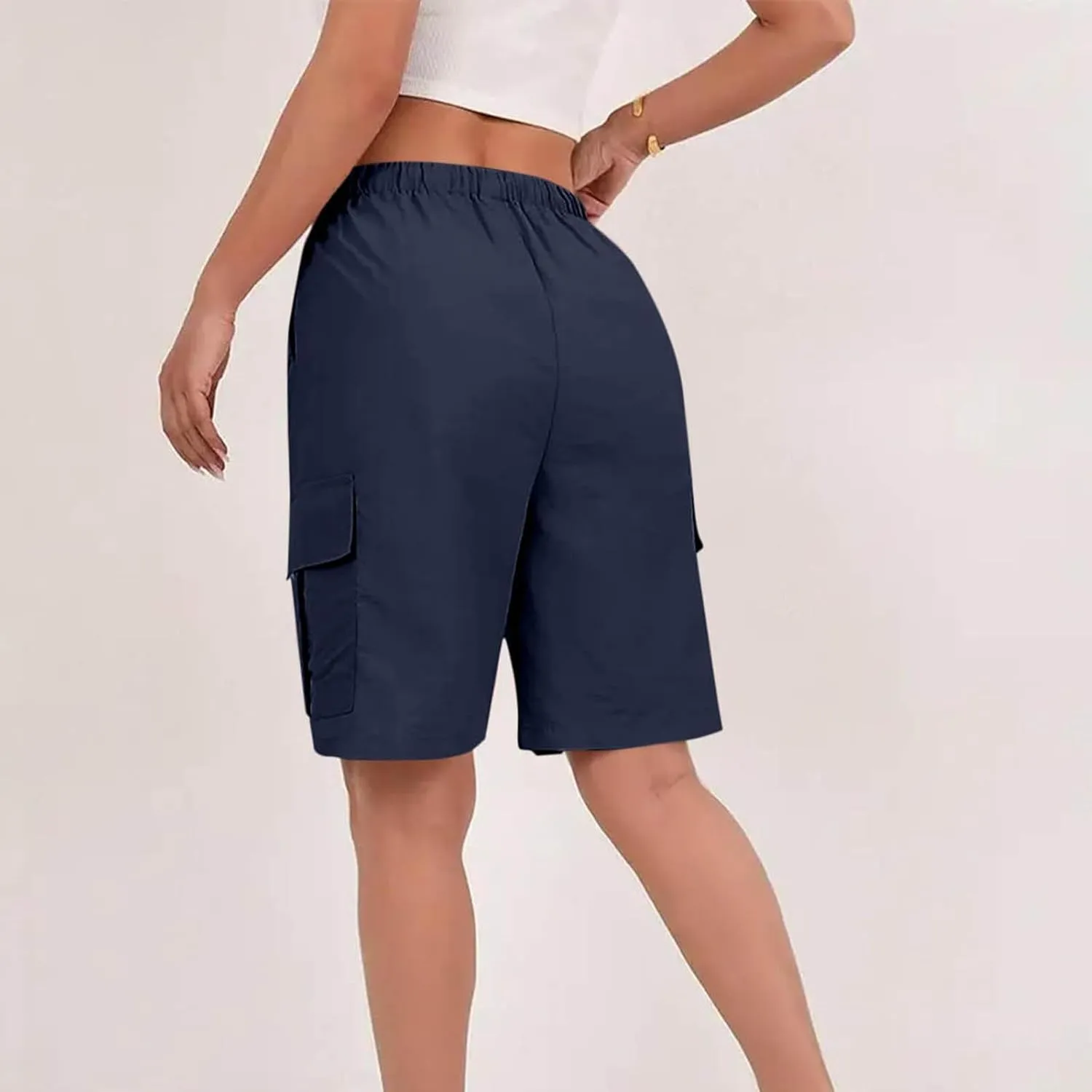 Womens Bermuda Shorts 2025 Summer Fashion Cargo Shorts with Pockets Drawstring Quick Dry Knee Length Hiking Short