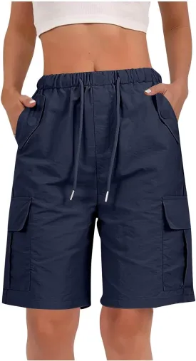 Womens Bermuda Shorts 2025 Summer Fashion Cargo Shorts with Pockets Drawstring Quick Dry Knee Length Hiking Short