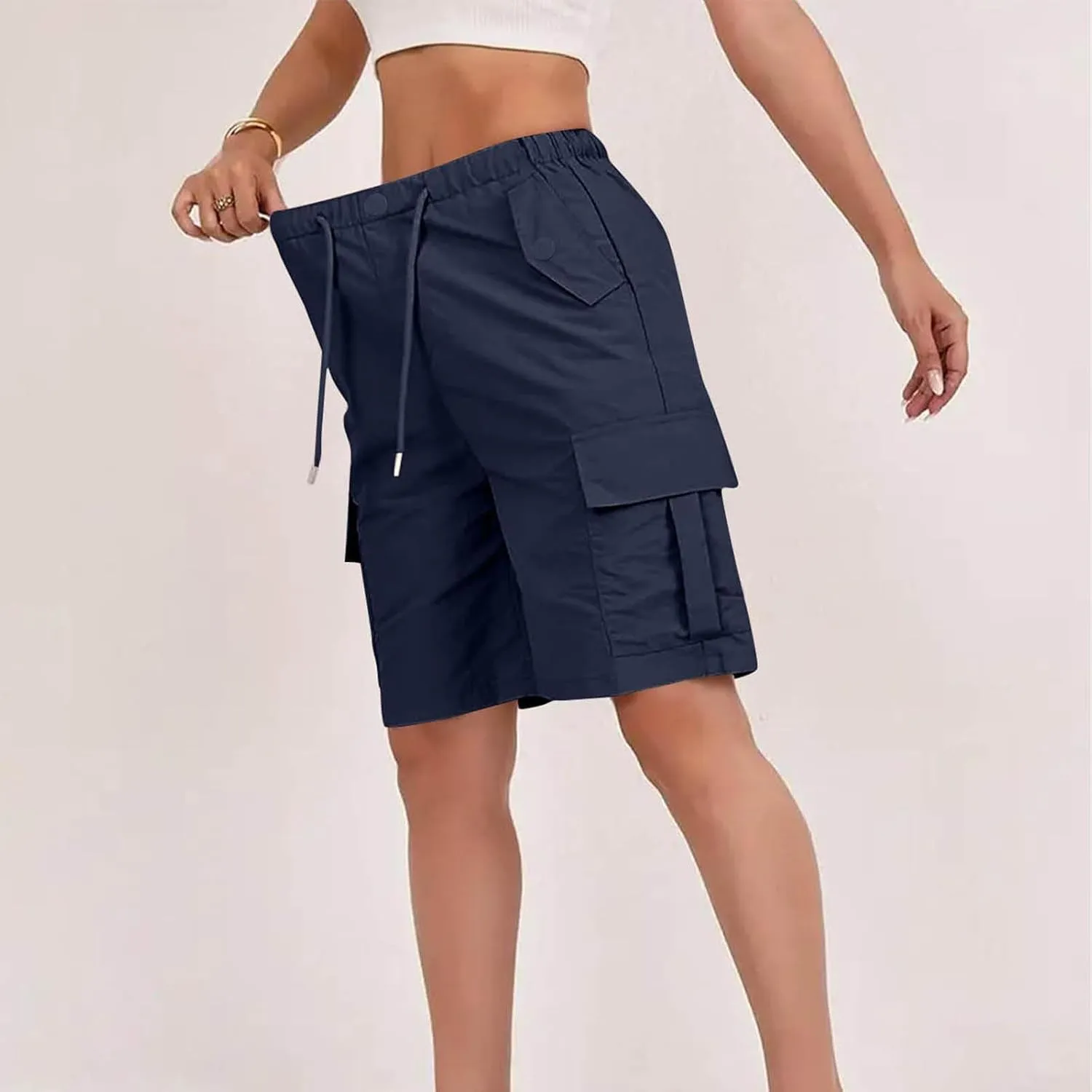Womens Bermuda Shorts 2025 Summer Fashion Cargo Shorts with Pockets Drawstring Quick Dry Knee Length Hiking Short