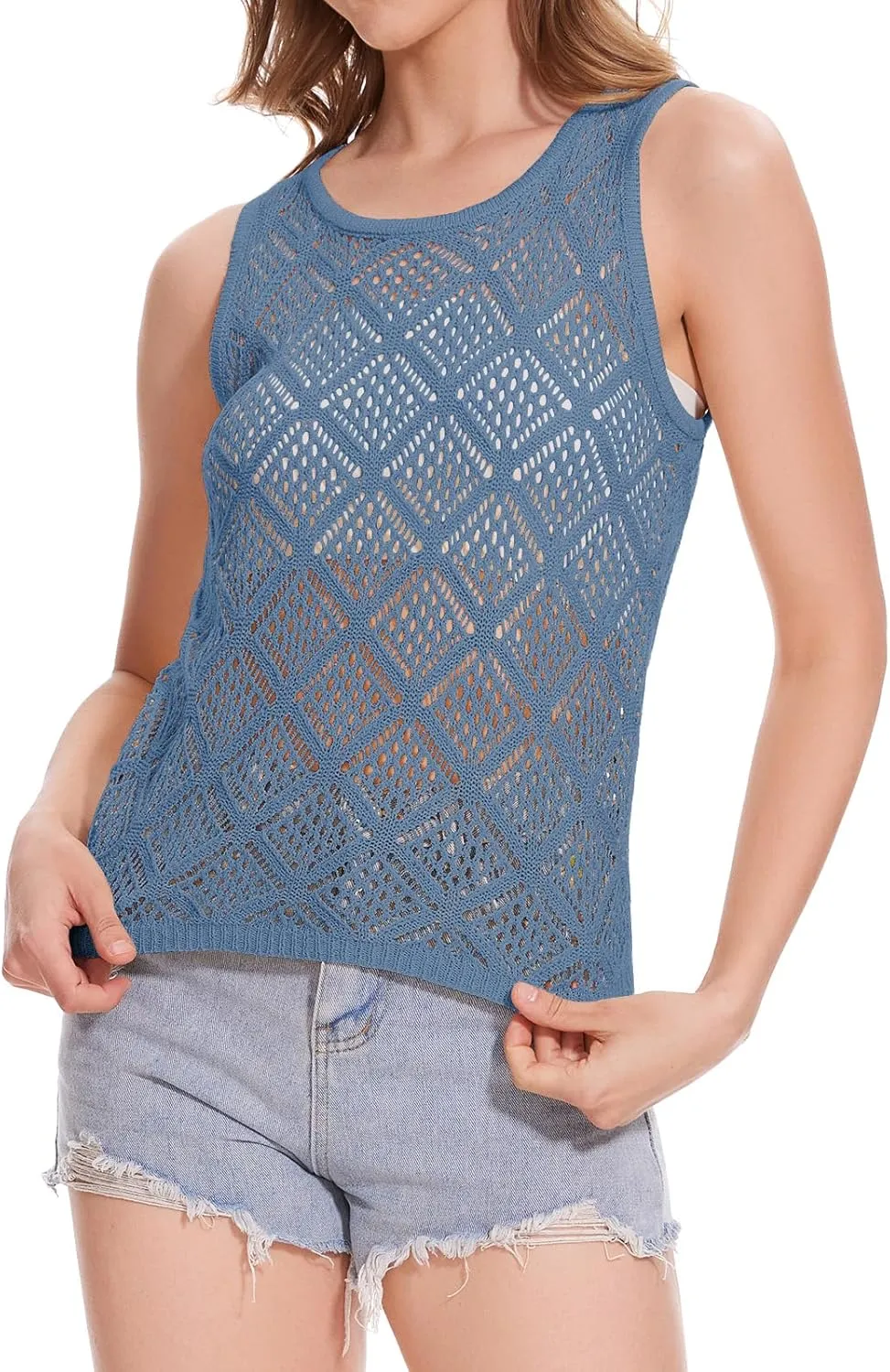 Women's Hollow Sweater Vest Crochet Tank Tops Knit Out Sleeveless Cover Up Summer Boho Top Pullover