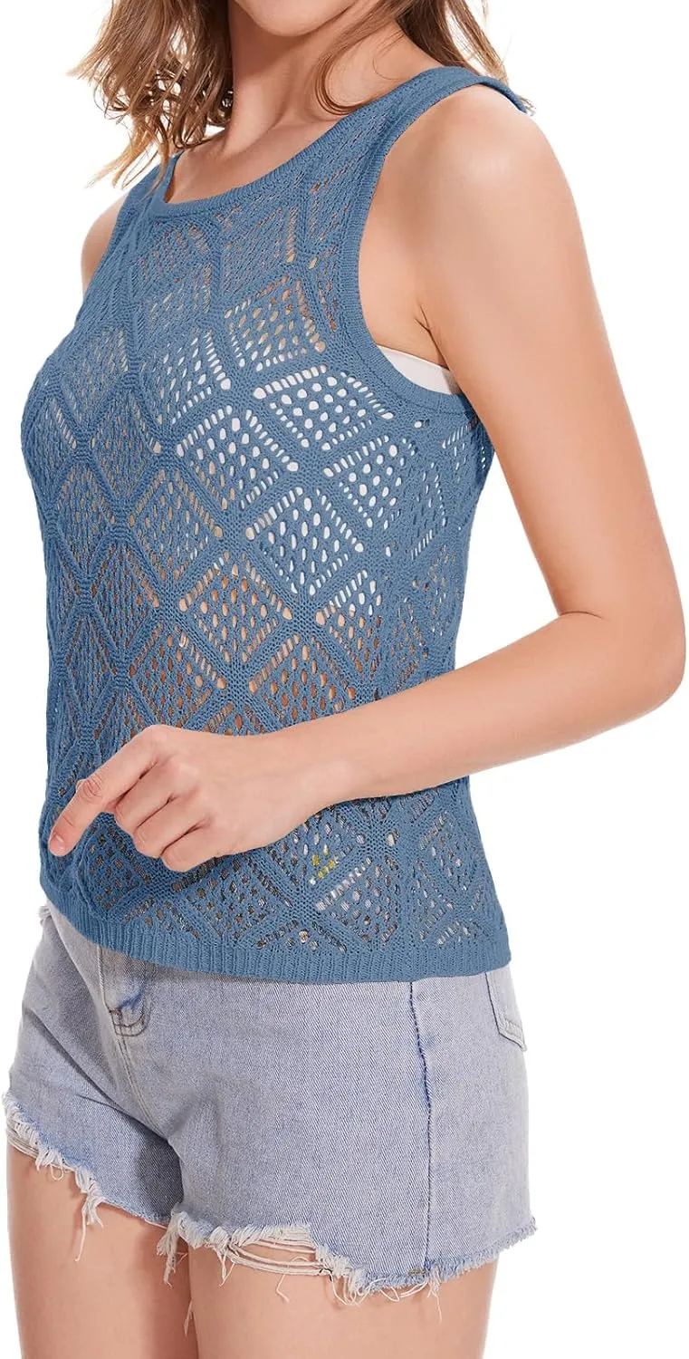 Women's Hollow Sweater Vest Crochet Tank Tops Knit Out Sleeveless Cover Up Summer Boho Top Pullover