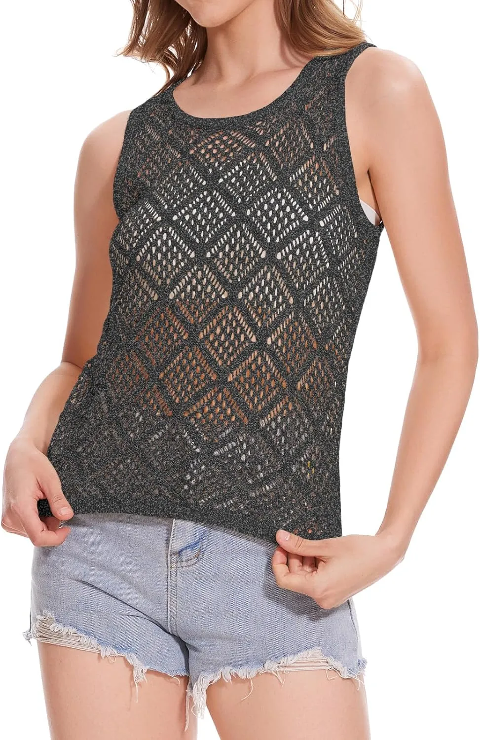 Women's Hollow Sweater Vest Crochet Tank Tops Knit Out Sleeveless Cover Up Summer Boho Top Pullover