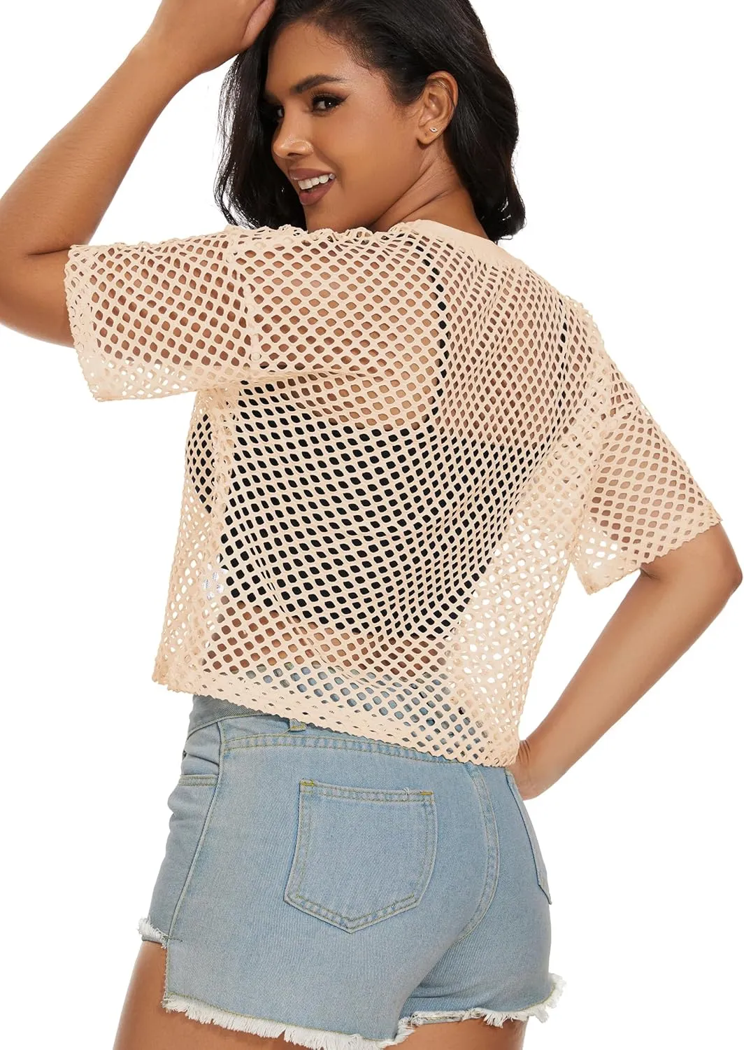 Women's Mesh Fishnet Top See Through Cover Up Short Sleeves T Shirts Sheer Blouse