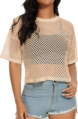Women's Mesh Fishnet Top See Through Cover Up Short Sleeves T Shirts Sheer Blouse