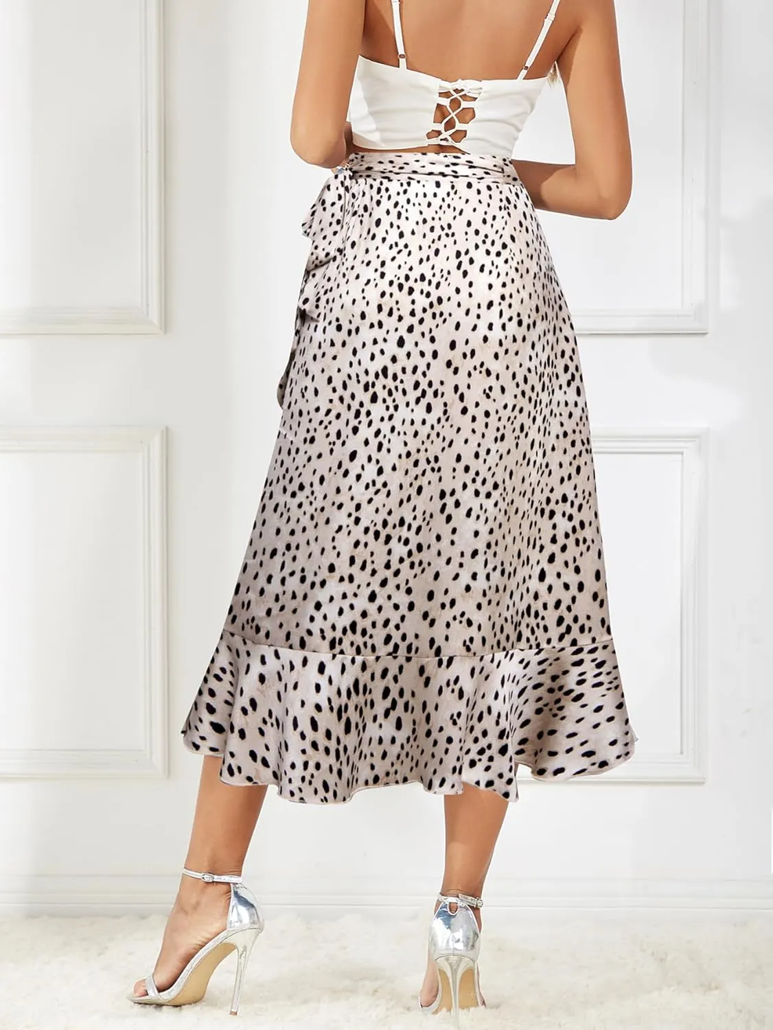 Women's Satin Wrap Skirt Adjustable Tie Ruffle Hem Flowy High Low Trendy Midi Skirt