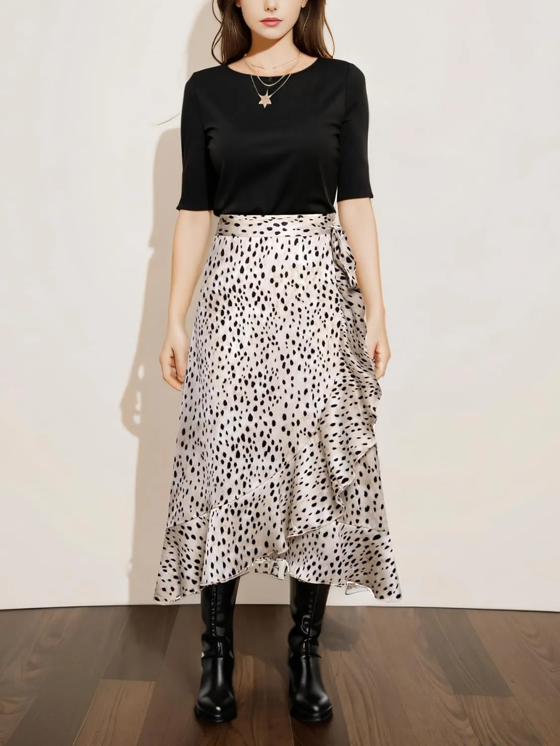 Women's Satin Wrap Skirt Adjustable Tie Ruffle Hem Flowy High Low Trendy Midi Skirt