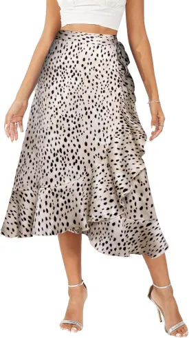 Women's Satin Wrap Skirt Adjustable Tie Ruffle Hem Flowy High Low Trendy Midi Skirt