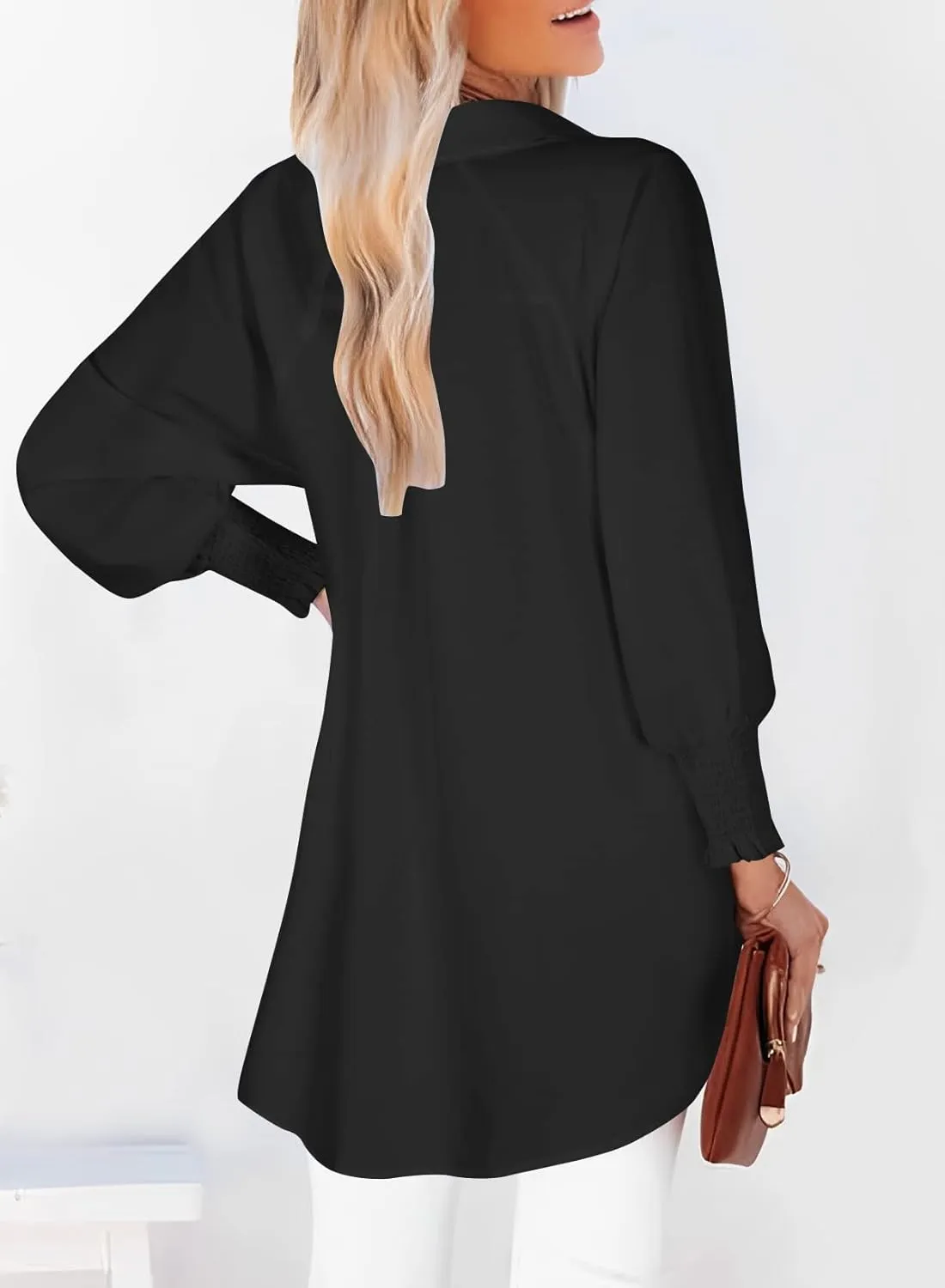 Womens Smocked Cuffed Striped Boyfriend Shirt Casual Collar Long Sleeve Oversized Button Down Blouse Tops with Pocket Shirred