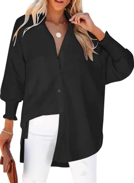 Womens Smocked Cuffed Striped Boyfriend Shirt Casual Collar Long Sleeve Oversized Button Down Blouse Tops with Pocket Shirred
