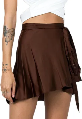 Womens Wrap Mini Skirts Casual High Waist Self Tie Knot Silk Satin Short Skater Skirt