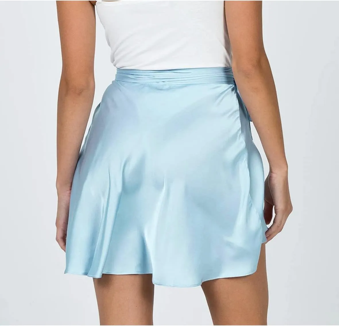Womens Wrap Mini Skirts Casual High Waist Self Tie Knot Silk Satin Short Skater Skirt