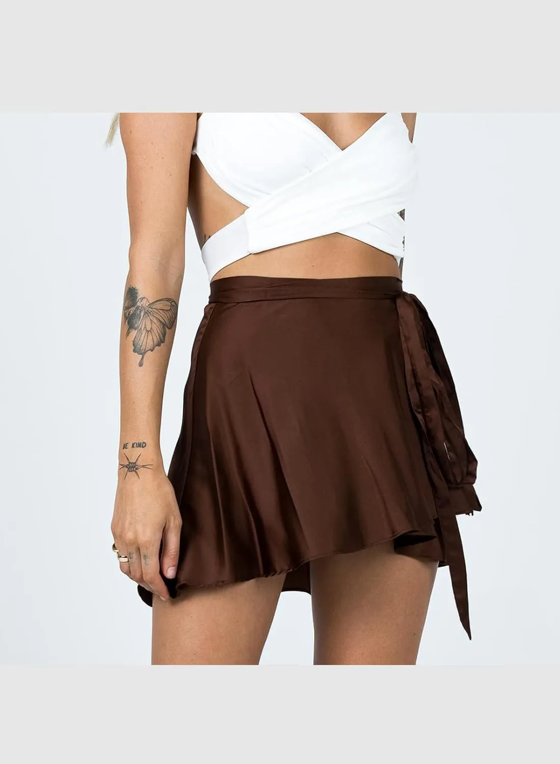 Womens Wrap Mini Skirts Casual High Waist Self Tie Knot Silk Satin Short Skater Skirt