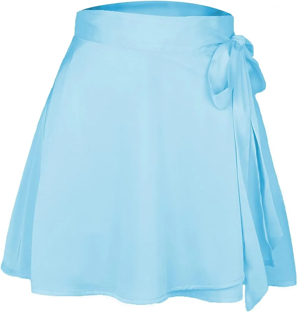 Womens Wrap Mini Skirts Casual High Waist Self Tie Knot Silk Satin Short Skater Skirt