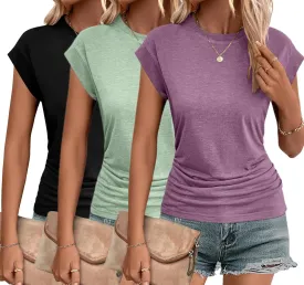 Zeagoo Womens Summer Tops Ruched Cap Short Sleeve Tshirts Shirts Crew Neck T Shirts Trendy 2025 Fashion S-XXXL