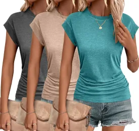 Zeagoo Womens Summer Tops Ruched Cap Short Sleeve Tshirts Shirts Crew Neck T Shirts Trendy 2025 Fashion S-XXXL
